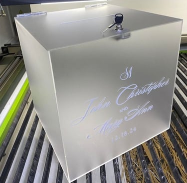 Frosted Acrylic Wedding Box with elegant silver script for 'John Christopher & Mary Ann, 12.18.24', 