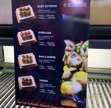 Mr. Tentacles menu Sintra board, authentic Takoyaki varieties, first in Philippines.