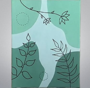Green botanical artwork with leaves and abstract shapes on canvas.