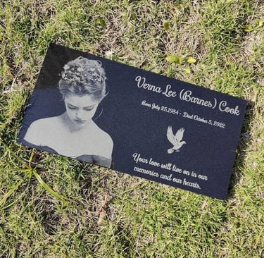 Custom lasered granite plaque for Verna Lee with a dove graphic.