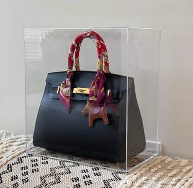 Designer bag in an acrylic display case on a sofa.