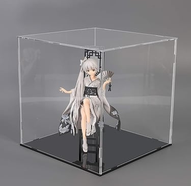 Anime figure in clear acrylic display case with black base.