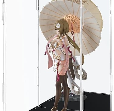 Anime figurine with umbrella in an acrylic display case.