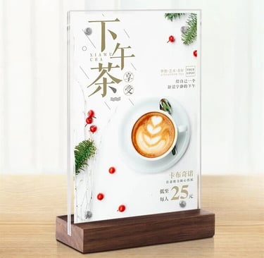 Stylish T-type acrylic display topper with wood base showcasing a coffee menu.