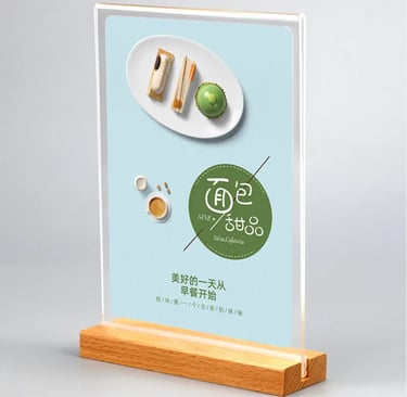 T-type acrylic sign holder with wooden stand presenting dessert options.