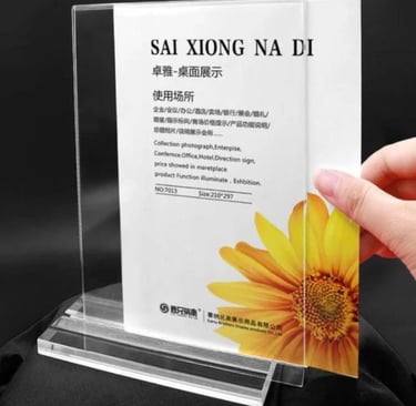 "Acrylic T-type display holder with a clear view of business information and bright floral graphic.