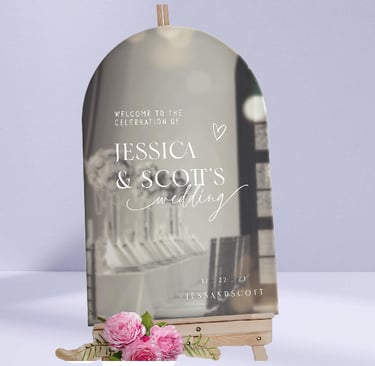 Sophisticated silver arched acrylic sign for Jessica & Scott's wedding.