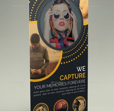 Stylish photography service banner with vibrant design and contact info.