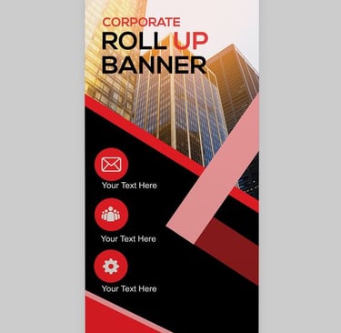 Corporate roll-up banner with urban backdrop and iconography.