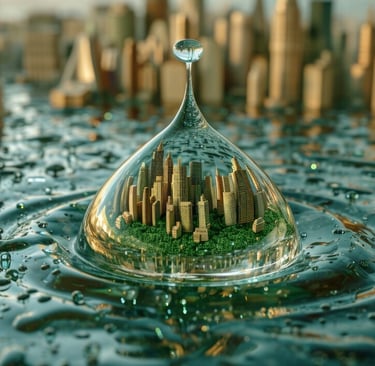 a city landscape inside a water droplet