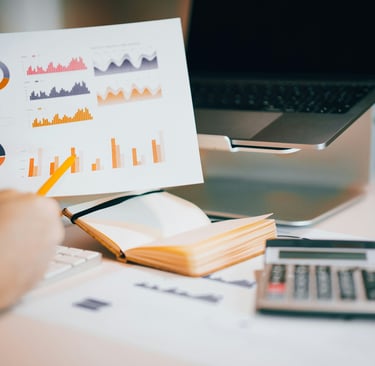 A person sitting at their computer, looking over their marketing metrics and budget