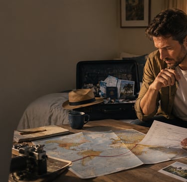 Traveler reviewing travel documents and map connected to potential health risks after returning home.