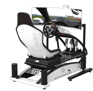 Professional motion simulation racing rig with bucket seat, steering wheel, and triple monitor setup.