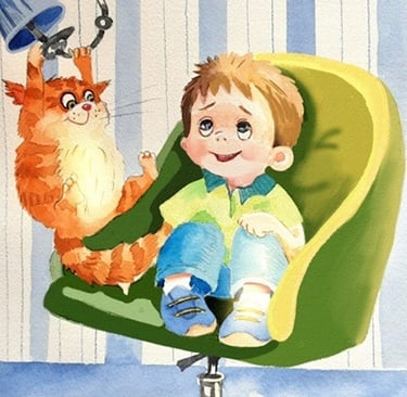 A boy smiles in a green chair as a playful orange cat hangs from a lamp above.
