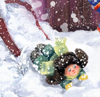 Illustration of a child in winter gear playing in the snow with a joyful expression.