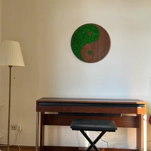 a desk with a desk and a chair, wall art yin and yang