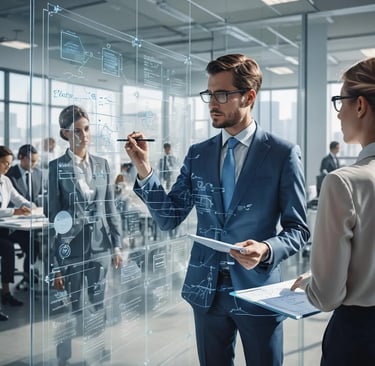 a man and woman in business attire standing in front of a glass wall