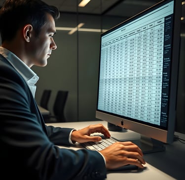 a man in a suit and tie is looking at a chart of graphs