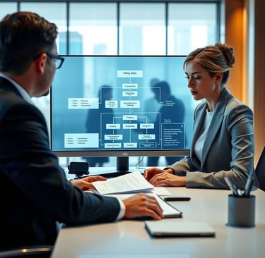 a man and woman sitting at a desk with a computer screen