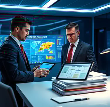 two men in suits and ties standing in front of a computer screen