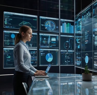 a woman in a business suit is standing in front of a large screen with a