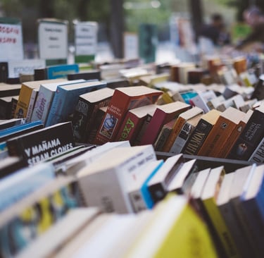 a table with many books on it