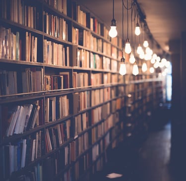 a long row of bookshelves with light bulbs and hanging lights