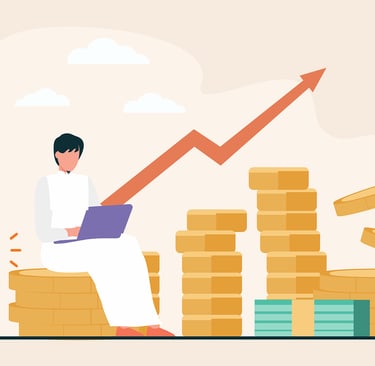 a man sitting on a pile of coins and a laptop