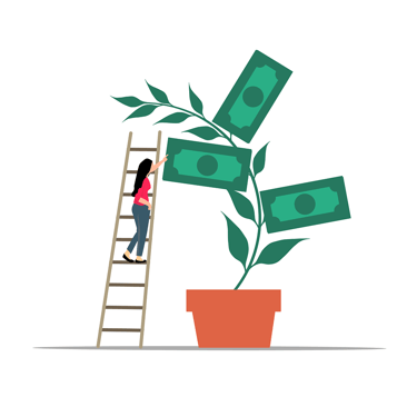 a woman climbing up a ladder to reach a money tree
