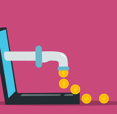 a laptop computer with coins coming out of it