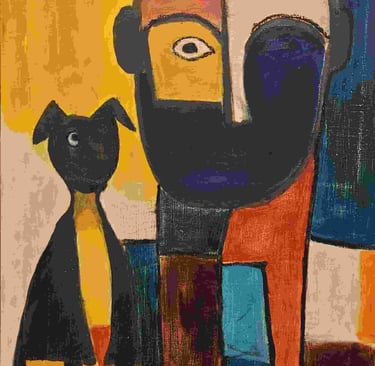 a painting of a man and a dog