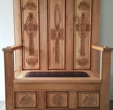 Handcrafted monks bench with mortise and tenon joints and highly detailed Celtic knot work carvings. Colorado Springs.