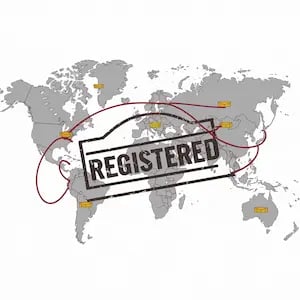 a map of the world with a stamp that says registered