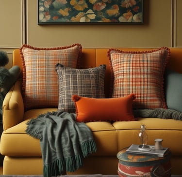 Close-up of a handmade lampshade with deep mulberry fabric and subtle stitching details, resting on a wooden side table.