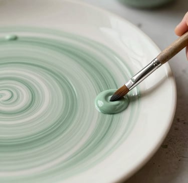 Macro photography of an artist's ceramic palette with elegant swirls of sage green and off-white acrylic paint. A clean, fine-tipped brush is resting on the edge. The setting is a sophisticated, contemplative art studio environment in the US.