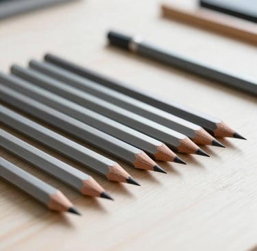 A close-up photograph of professional graphite pencils of varying hardness organized on a minimalist light wood desk in a bright North American art studio. The lighting is soft and natural, highlighting the silver-gray and dark charcoal leads against the off-white surface.
