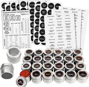 Talented Kitchen 24-pack magnetic spice jars for refrigerator with strong magnets and labels