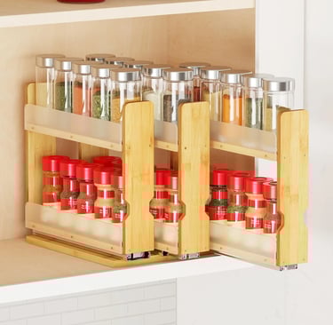 SpaceAid bamboo pull out spice rack in apartment kitchen cabinet