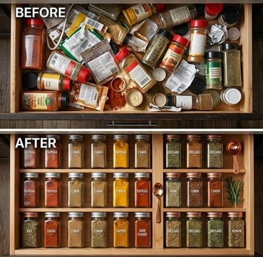before and after spice organization small kitchen