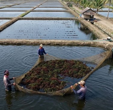 Indonesian farmers harvesting Gracilaria seaweed in Banten ponds, Indonesia