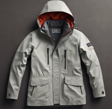 Waterproof light grey technical parka jacket with orange hood lining and multiple utility pockets.