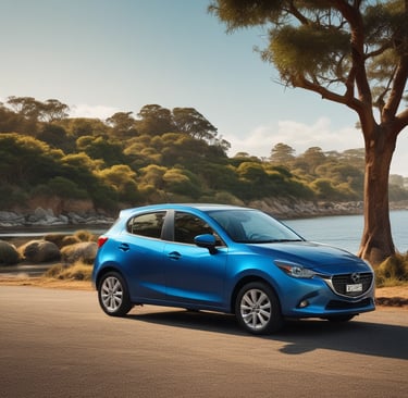 A sleek black luxury sedan parked on a scenic coastal road at sunset.