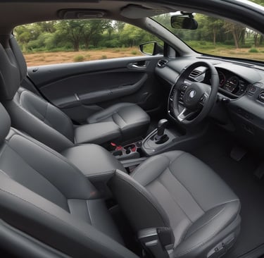 Close-up of a shiny car key fob resting on a polished wooden dashboard.