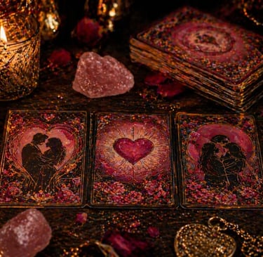 tarot do amor online com cartas em tons rosa e vermelho em leitura espiritual sobre relacionamento 