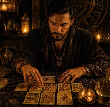 tarologo online whatsapp realizando consulta de tarot com cartas em mesa mistica iluminada por velas