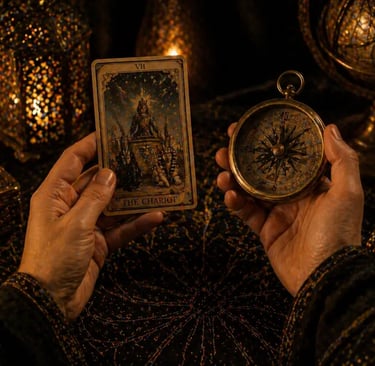 Tarot online com carta o carro e bussola para orientação