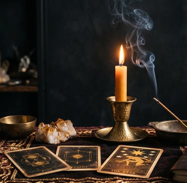 Consulta de tarot online via WhatsApp com tarólogo profissional, mesa mística com cartas e cristais 
