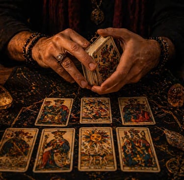 tarot online whatsapp com tarologo embaralhando tarot de marselha em mesa mistica com velas 