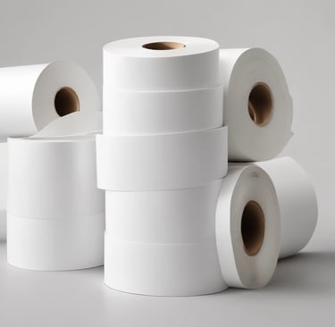 A modern barcode printer actively printing labels in a bright workspace.