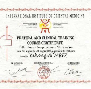 International Institute of Oriental Medicine reflexology and acupuncture certificate issued to Yuhong Alvarez.